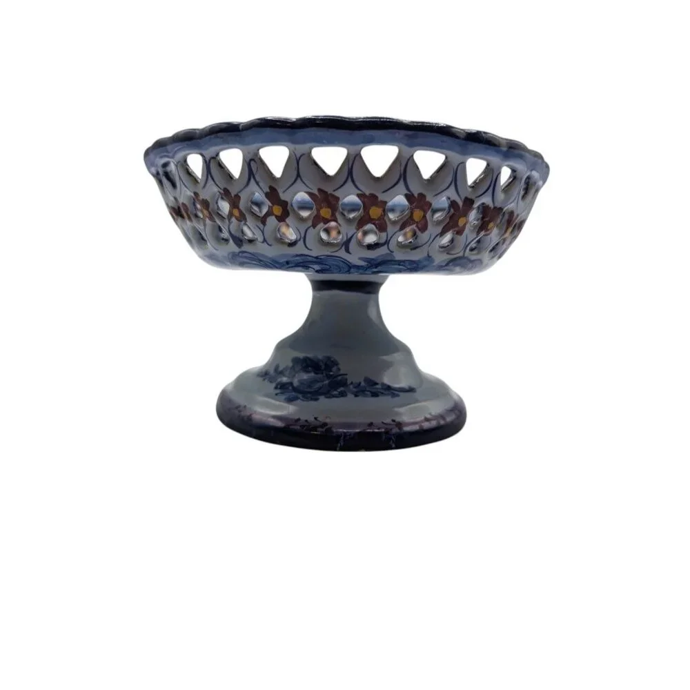 Handpainted Portugal Pottery Open Candy/Footed Compote/Footed Bowl READ